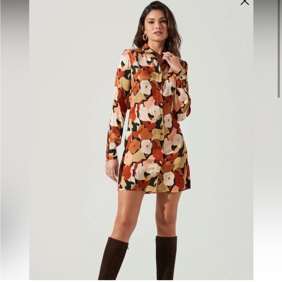 🆕(NWT) ASTR the Label Long-Sleeved Satin Floral Shirt Dress. XL - Picture 6 of 8
